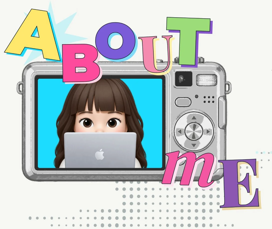 디지털 카메라 화면 속 노트북을 든 정고운 캐릭터와 ABOUT ME 레터링